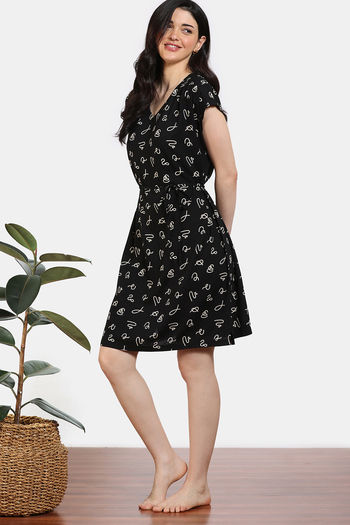 Buy Zivame Midnight Mystic Woven Knee Length Nightdress Jet Black at Rs.848 online Nightwear online